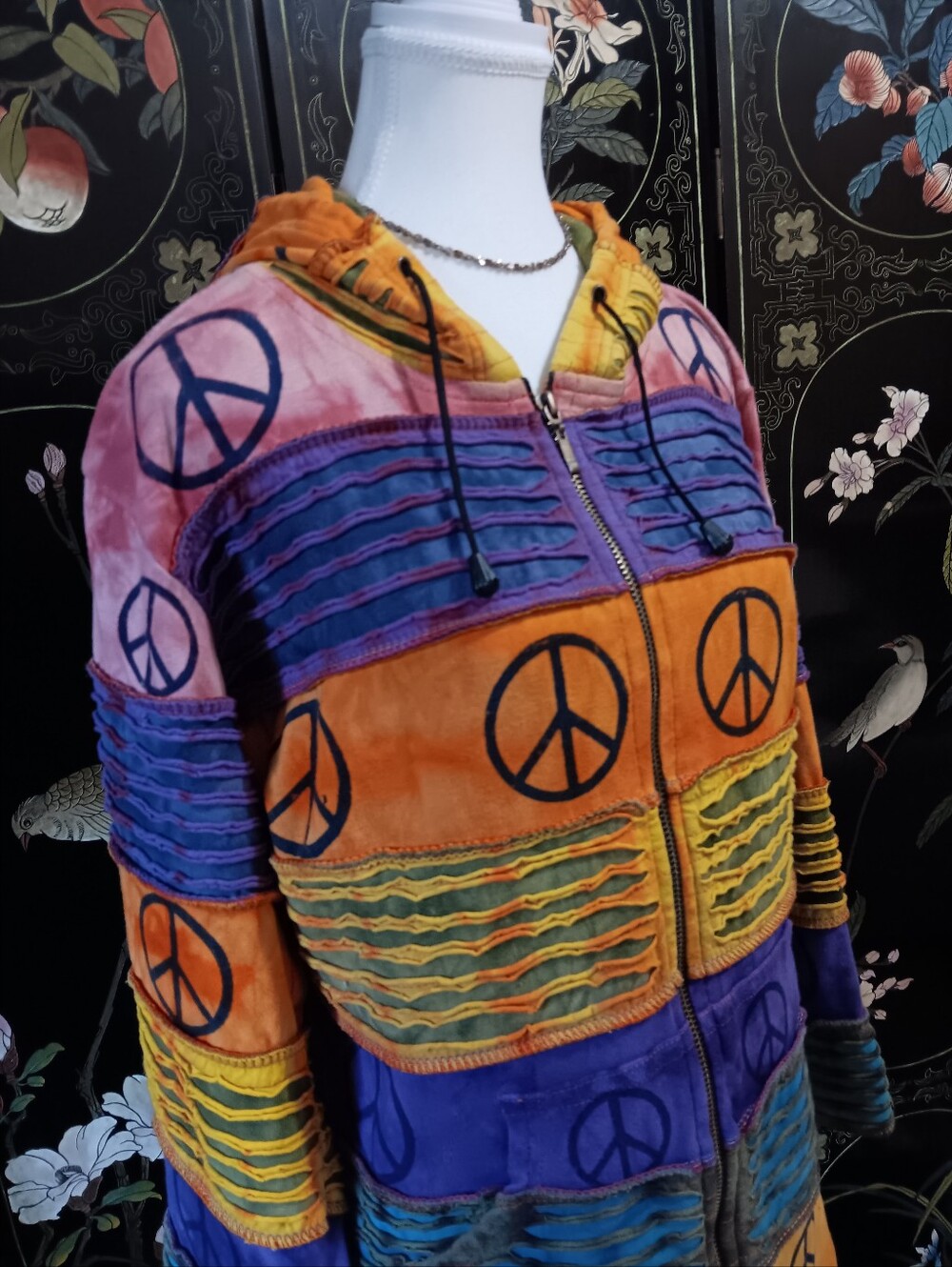 Rising International Multi-Color Peace Sign Patchwork Hooded Jacket